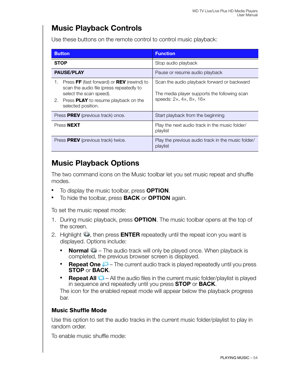 Music playback controls, Music playback options, Music shuffle mode | Western Digital WD TV Live/Live Plus Media Player User Manual User Manual | Page 58 / 170