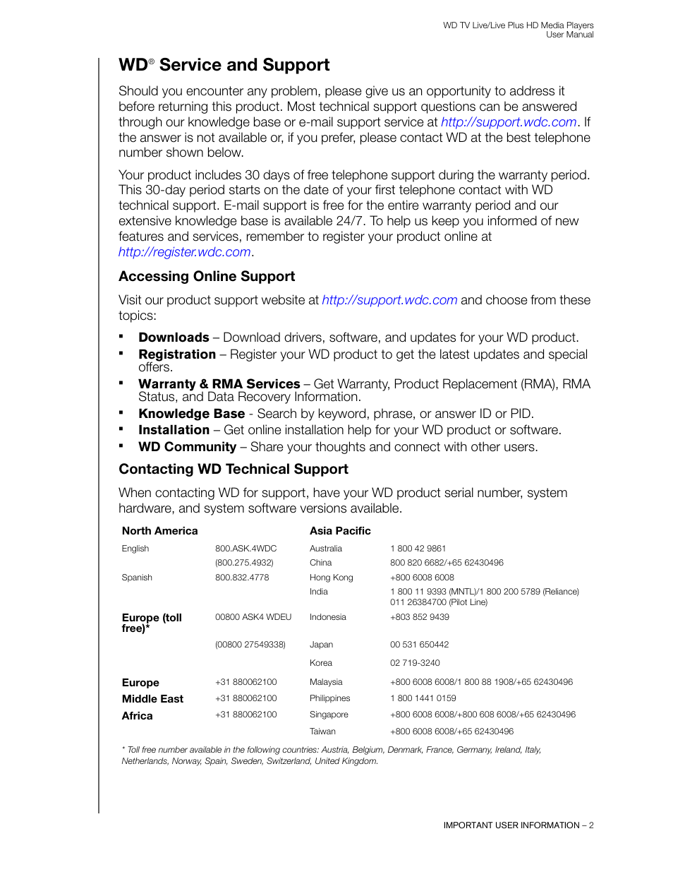 Wd® service and support, Accessing online support, Contacting wd technical support | Service and support | Western Digital WD TV Live/Live Plus Media Player User Manual User Manual | Page 6 / 170