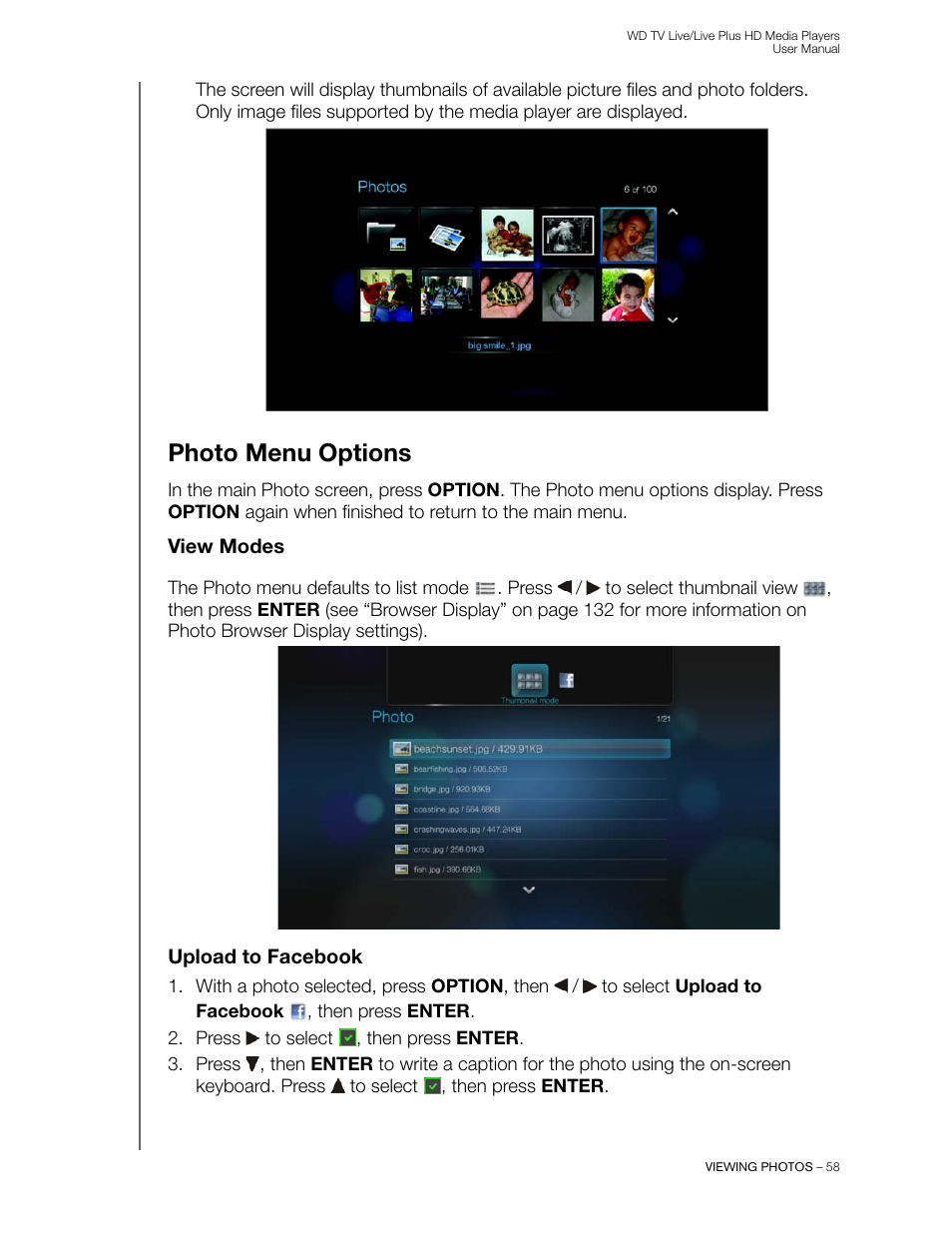 Photo menu options, View modes, Upload to facebook | Western Digital WD TV Live/Live Plus Media Player User Manual User Manual | Page 62 / 170