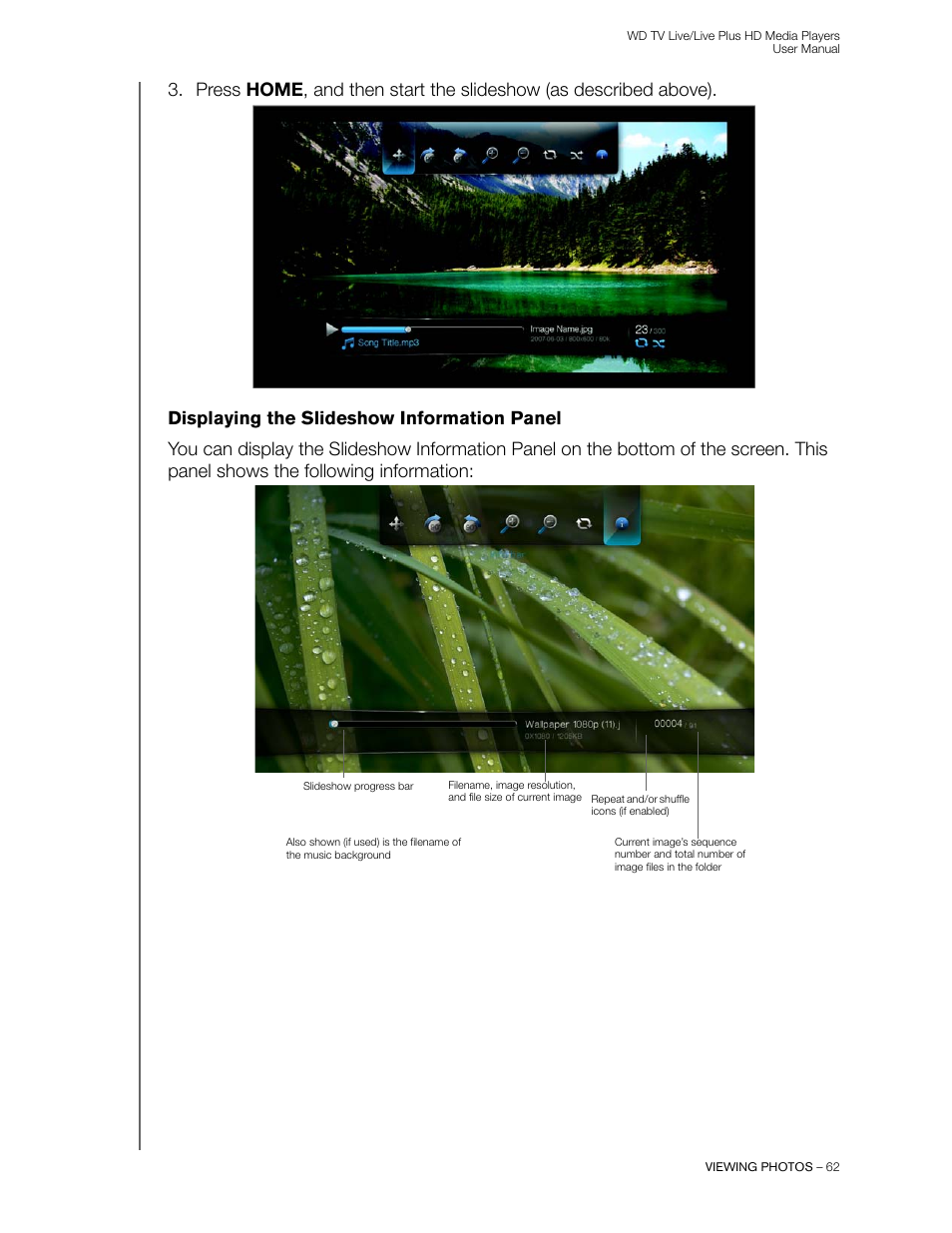 Displaying the slideshow information panel | Western Digital WD TV Live/Live Plus Media Player User Manual User Manual | Page 66 / 170