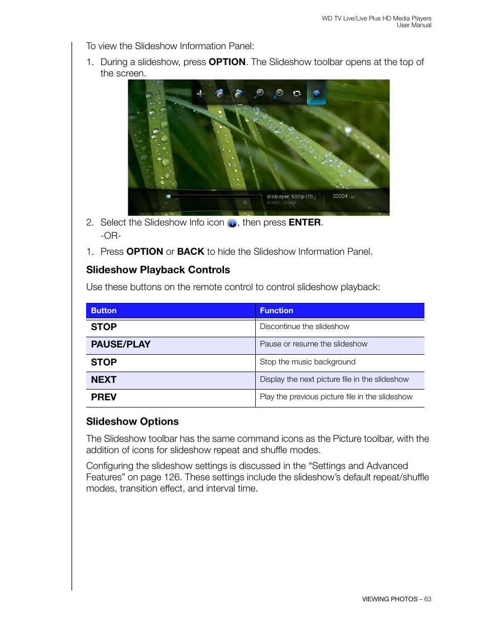 Slideshow playback controls, Slideshow options | Western Digital WD TV Live/Live Plus Media Player User Manual User Manual | Page 67 / 170