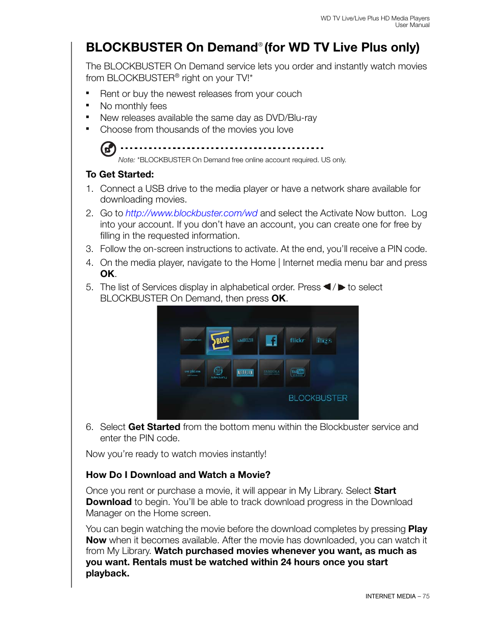 Blockbuster on demand® (for wd tv live plus only), To get started, How do i download and watch a movie | Blockbuster on demand, For wd tv live plus only) | Western Digital WD TV Live/Live Plus Media Player User Manual User Manual | Page 79 / 170
