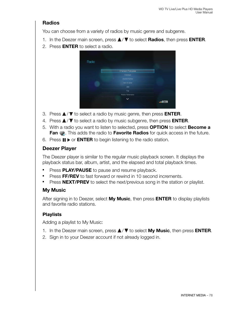 Radios, Deezer player, My music | Playlists | Western Digital WD TV Live/Live Plus Media Player User Manual User Manual | Page 82 / 170