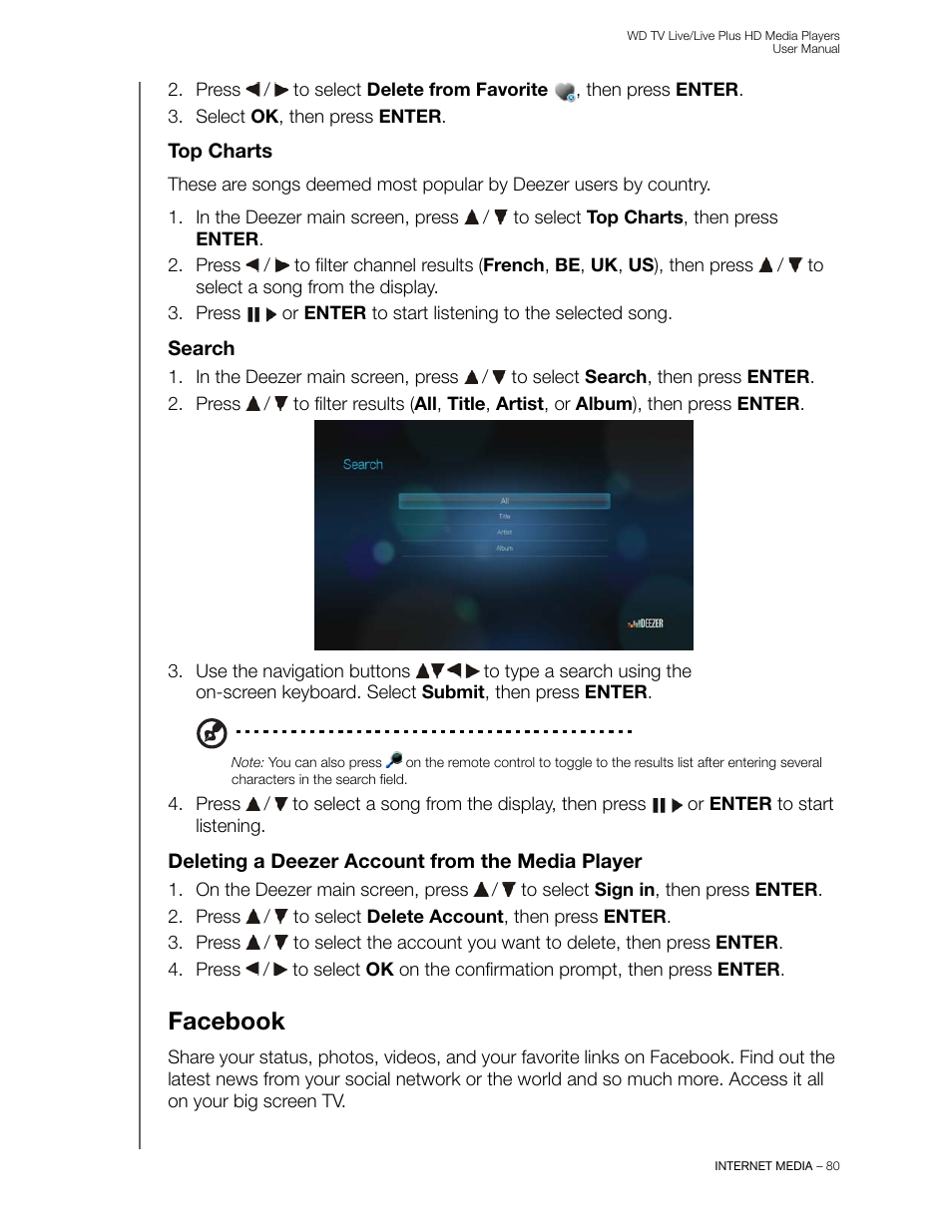 Top charts, Search, Deleting a deezer account from the media player | Facebook | Western Digital WD TV Live/Live Plus Media Player User Manual User Manual | Page 84 / 170