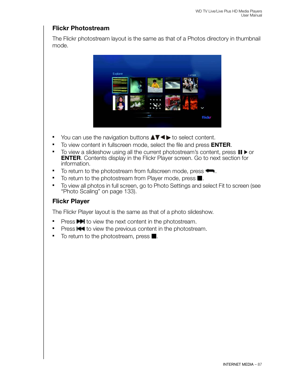Flickr photostream, Flickr player | Western Digital WD TV Live/Live Plus Media Player User Manual User Manual | Page 91 / 170