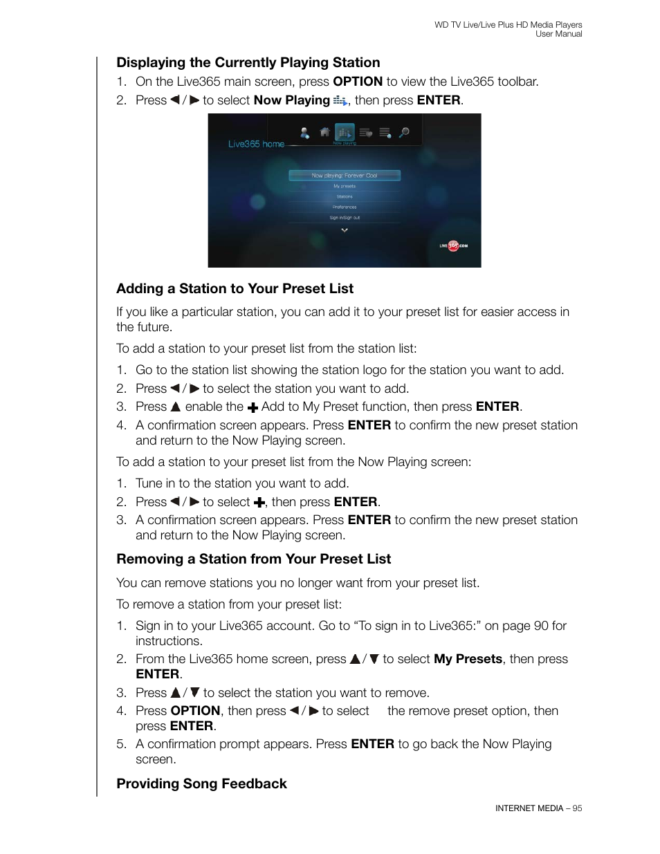 Displaying the currently playing station, Adding a station to your preset list, Removing a station from your preset list | Providing song feedback | Western Digital WD TV Live/Live Plus Media Player User Manual User Manual | Page 99 / 170