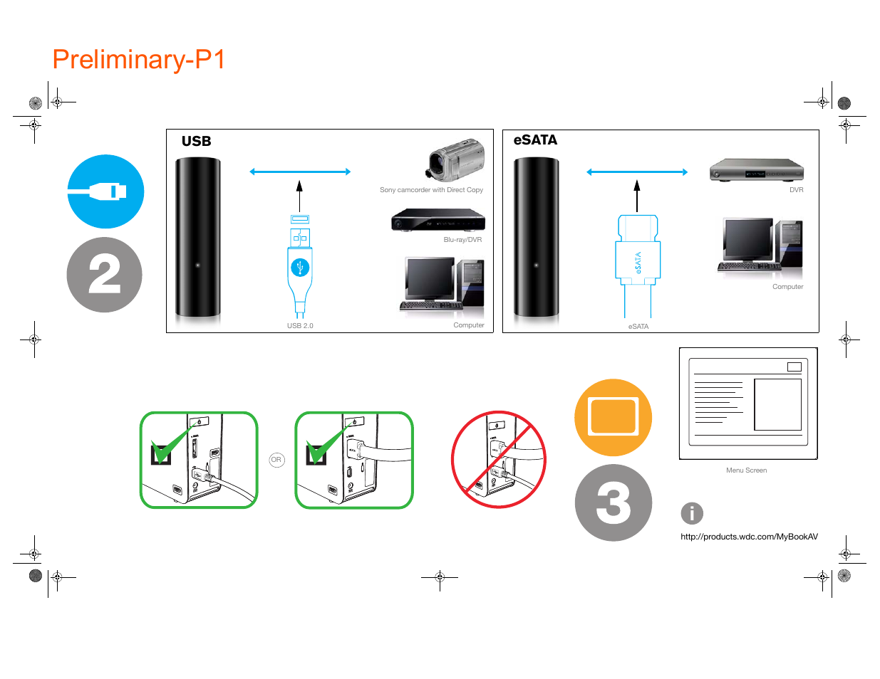 Preliminary-p1, Esata usb | Western Digital My Book AV DVR Expander Quick Install Guide User Manual | Page 5 / 7