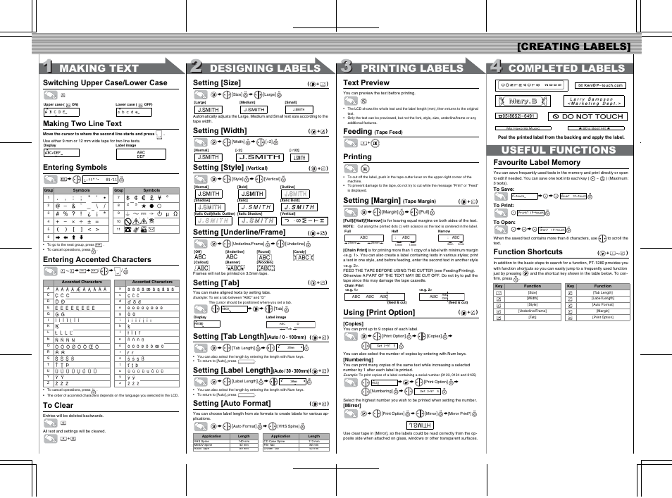 Entering symbols, Entering accented characters, Setting [size | Setting [width, Setting [style, Setting [underline/frame, Setting [tab, Setting [tab length, Setting [label length, Setting [auto format | Brother LN7424001 User Manual | Page 2 / 2