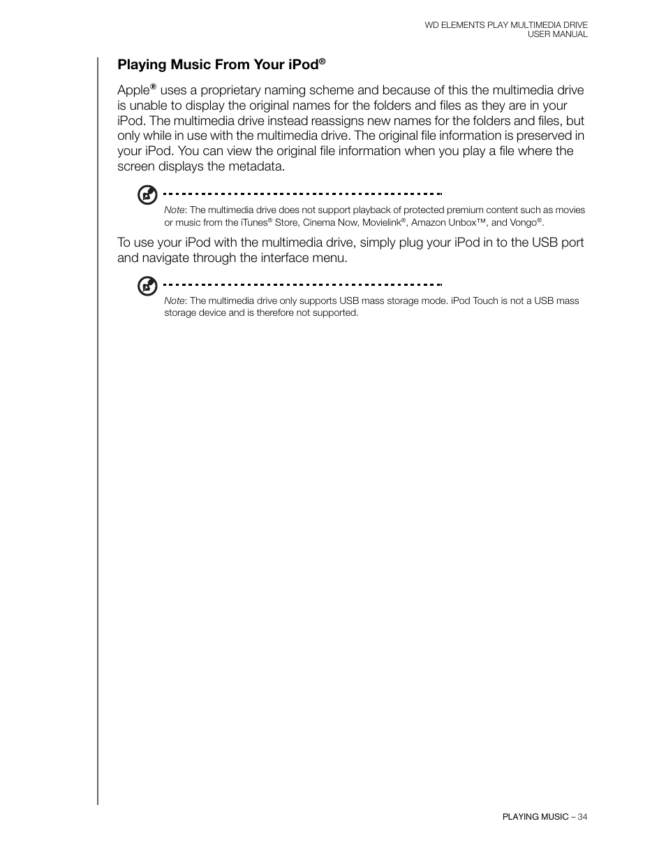 Playing music from your ipod, Apple | Western Digital WD Elements Play User Manual User Manual | Page 38 / 66