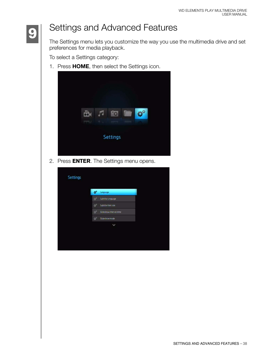 Settings and advanced features | Western Digital WD Elements Play User Manual User Manual | Page 42 / 66