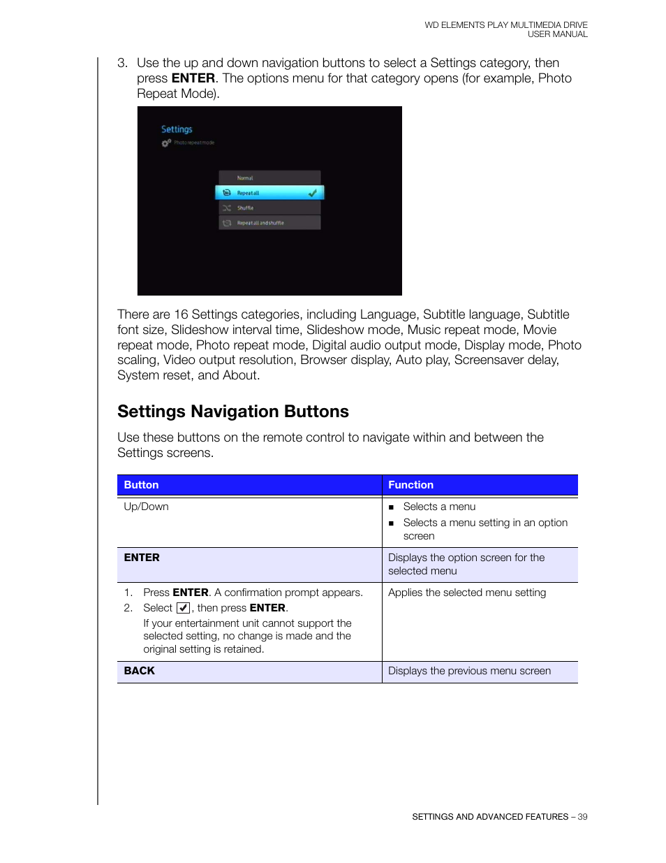 Settings navigation buttons | Western Digital WD Elements Play User Manual User Manual | Page 43 / 66