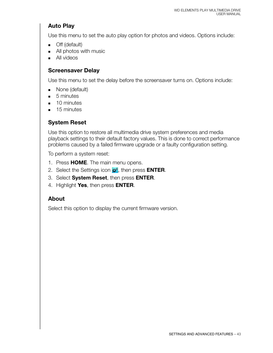 Screensaver delay, System reset, About | Auto play | Western Digital WD Elements Play User Manual User Manual | Page 47 / 66