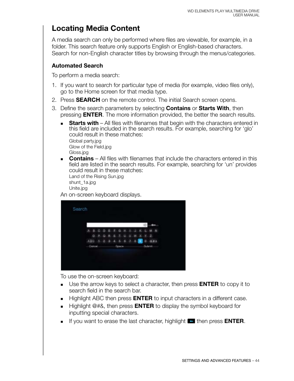 Locating media content, Automated search | Western Digital WD Elements Play User Manual User Manual | Page 48 / 66