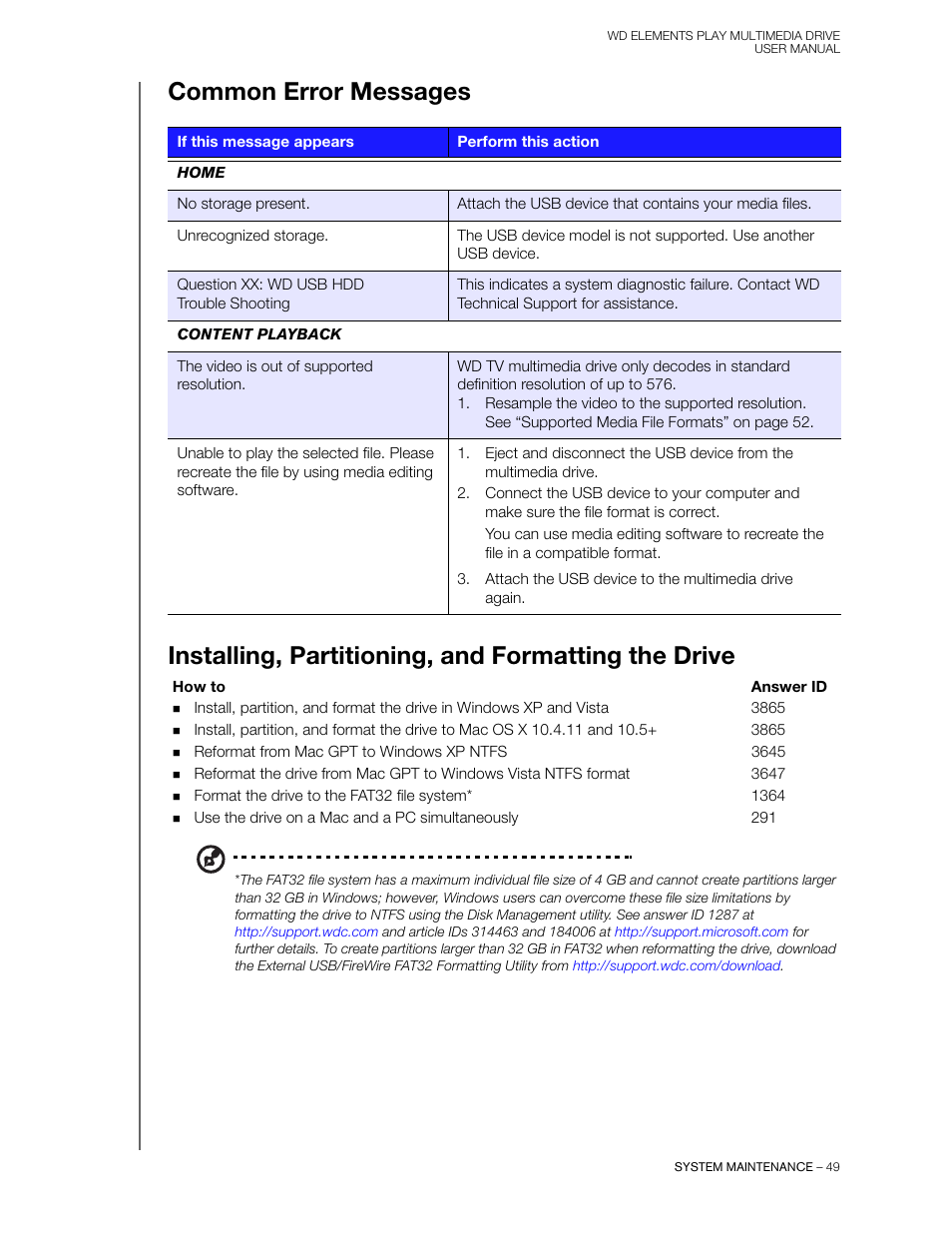Common error messages, Installing, partitioning, and formatting the drive | Western Digital WD Elements Play User Manual User Manual | Page 53 / 66