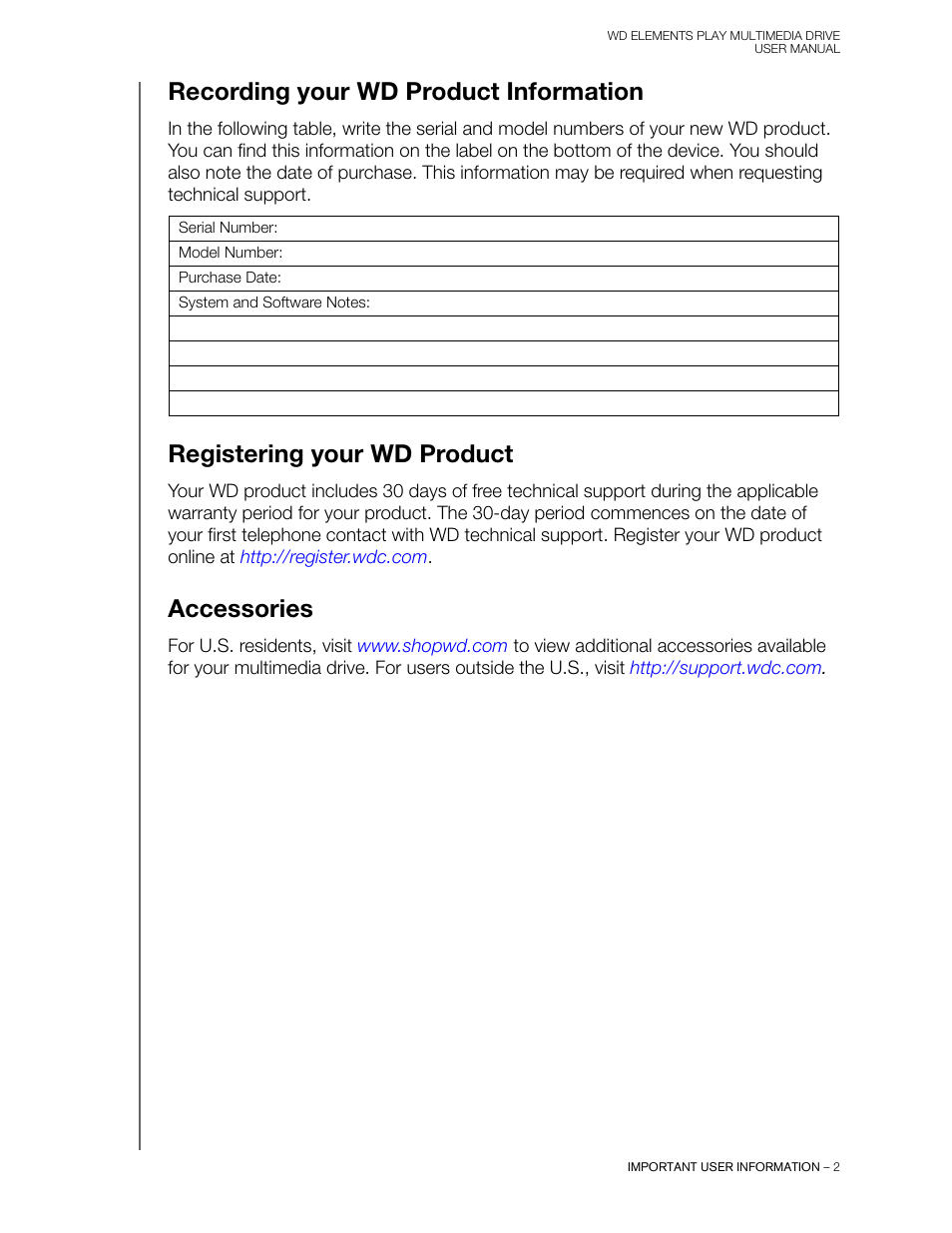 Recording your wd product information, Registering your wd product, Accessories | Western Digital WD Elements Play User Manual User Manual | Page 6 / 66