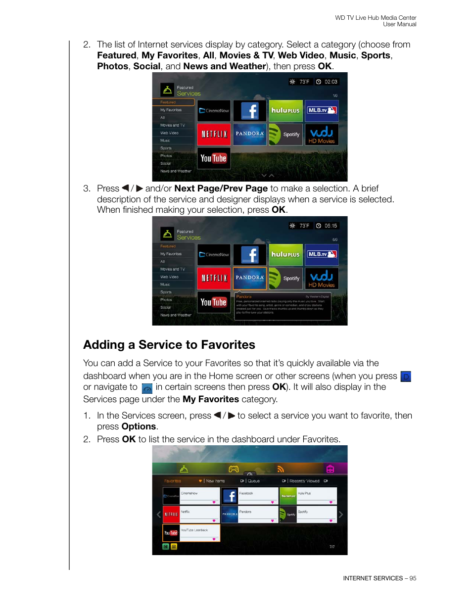 Adding a service to favorites | Western Digital WD TV Live Hub Media Center User Manual User Manual | Page 100 / 241