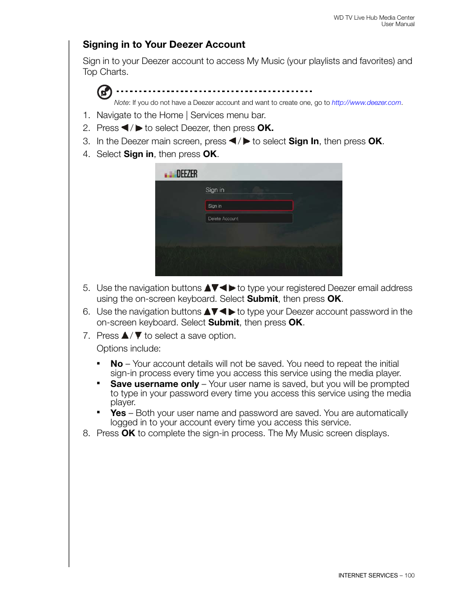 Signing in to your deezer account | Western Digital WD TV Live Hub Media Center User Manual User Manual | Page 105 / 241