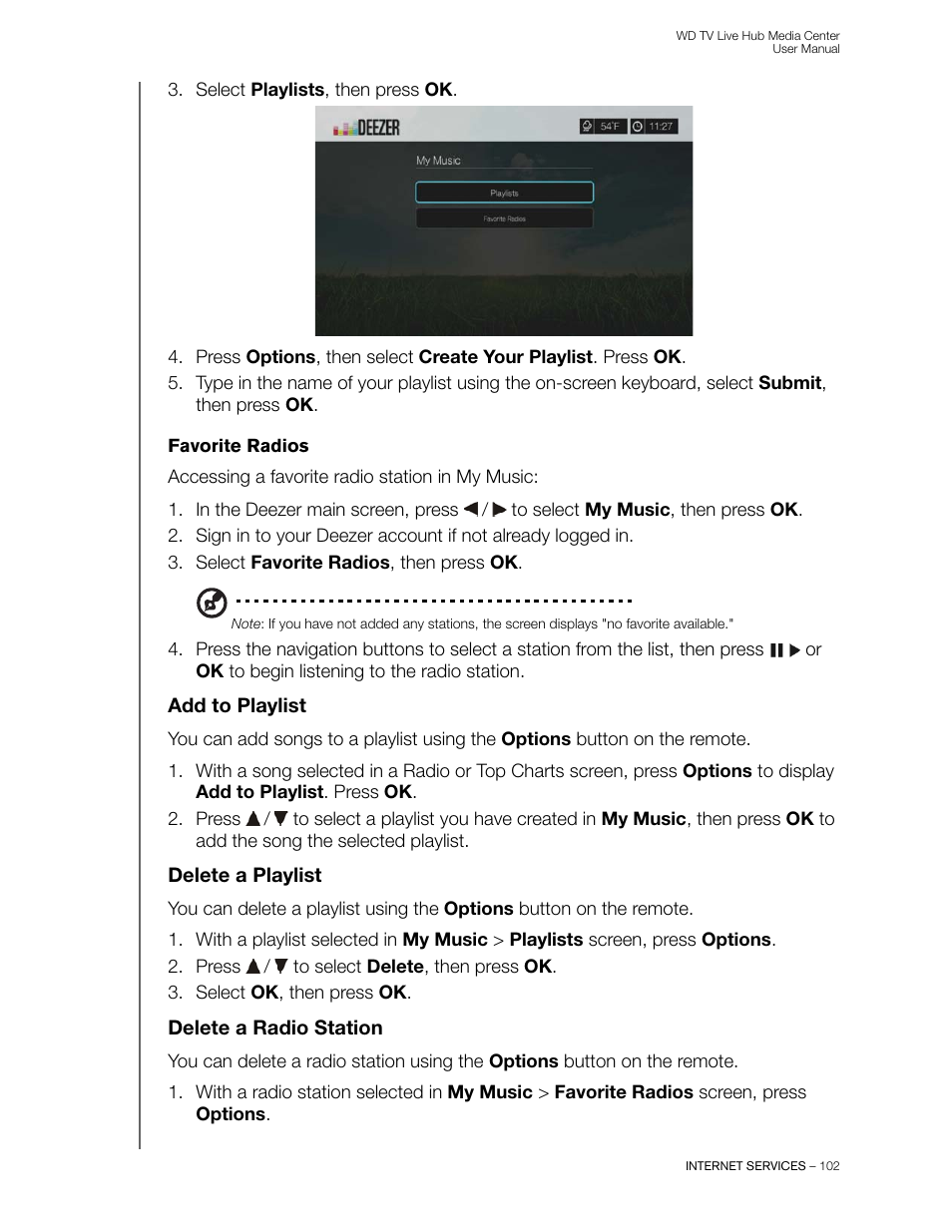 Favorite radios, Add to playlist, Delete a playlist | Delete a radio station | Western Digital WD TV Live Hub Media Center User Manual User Manual | Page 107 / 241