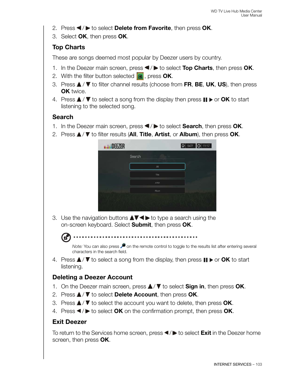 Top charts, Search, Deleting a deezer account | Exit deezer | Western Digital WD TV Live Hub Media Center User Manual User Manual | Page 108 / 241