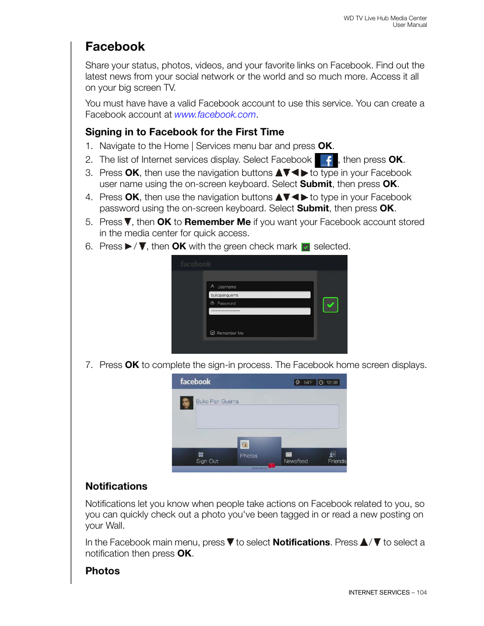 Facebook, Signing in to facebook for the first time, Notifications | Photos | Western Digital WD TV Live Hub Media Center User Manual User Manual | Page 109 / 241