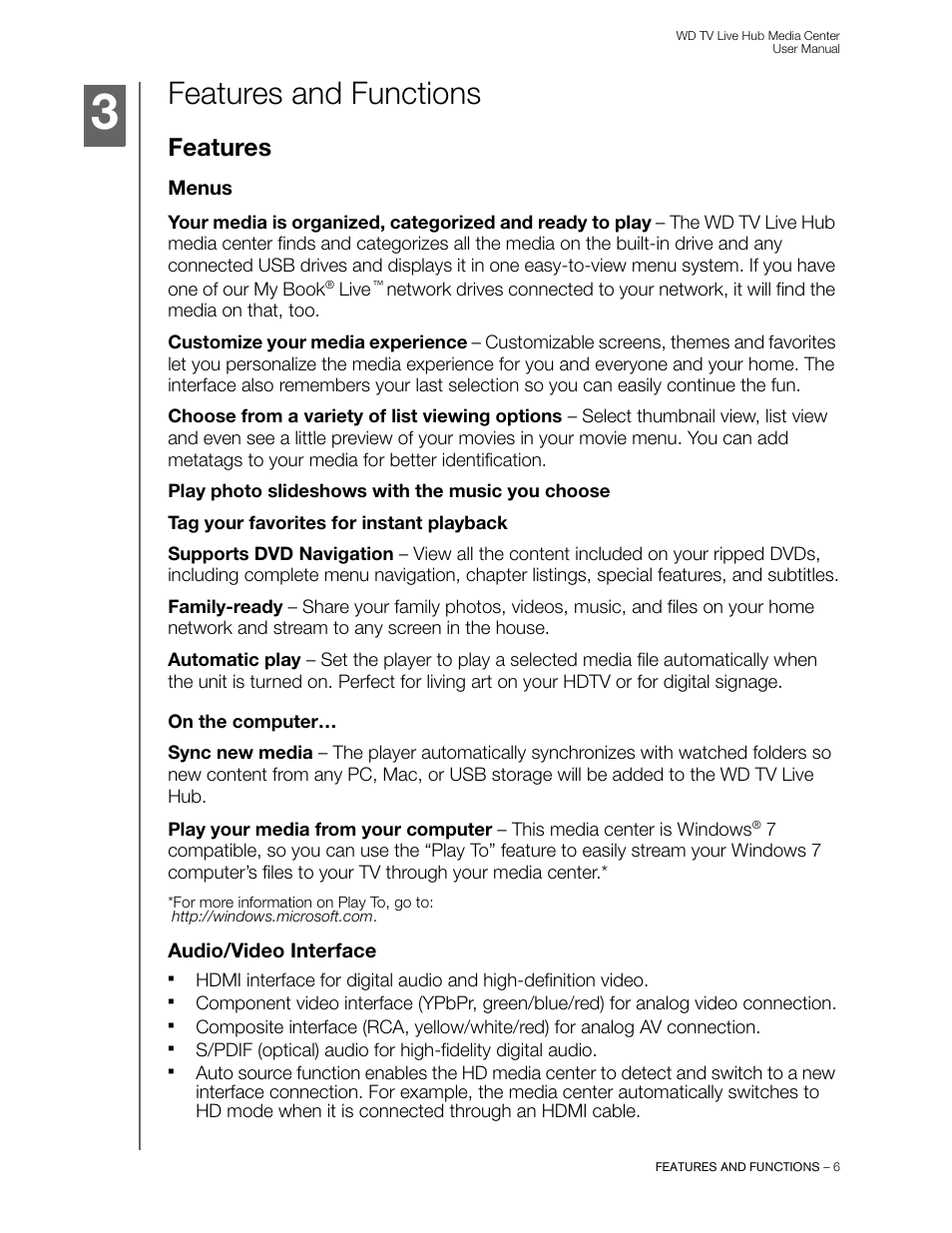 Features and functions, Features, Menus | On the computer, Audio/video interface | Western Digital WD TV Live Hub Media Center User Manual User Manual | Page 11 / 241