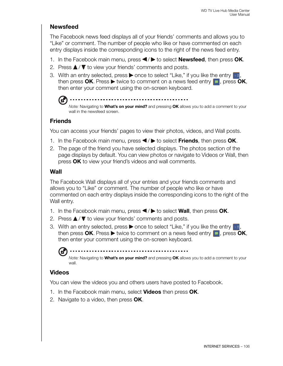 Newsfeed, Friends, Wall | Videos | Western Digital WD TV Live Hub Media Center User Manual User Manual | Page 111 / 241