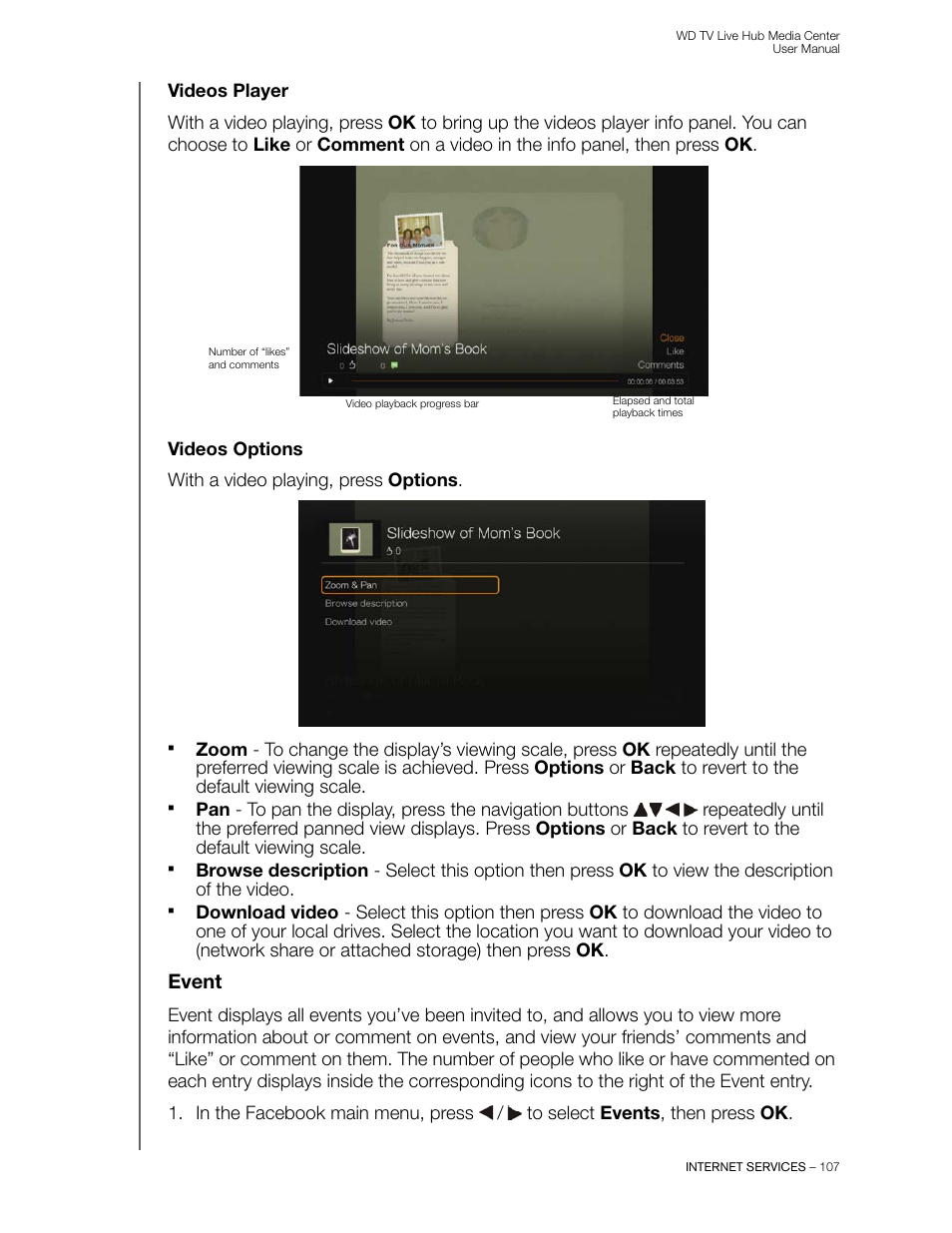 Videos player, Videos options, Event | Western Digital WD TV Live Hub Media Center User Manual User Manual | Page 112 / 241