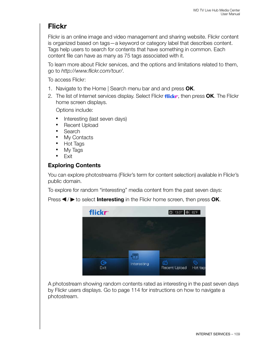 Flickr, Exploring contents | Western Digital WD TV Live Hub Media Center User Manual User Manual | Page 114 / 241