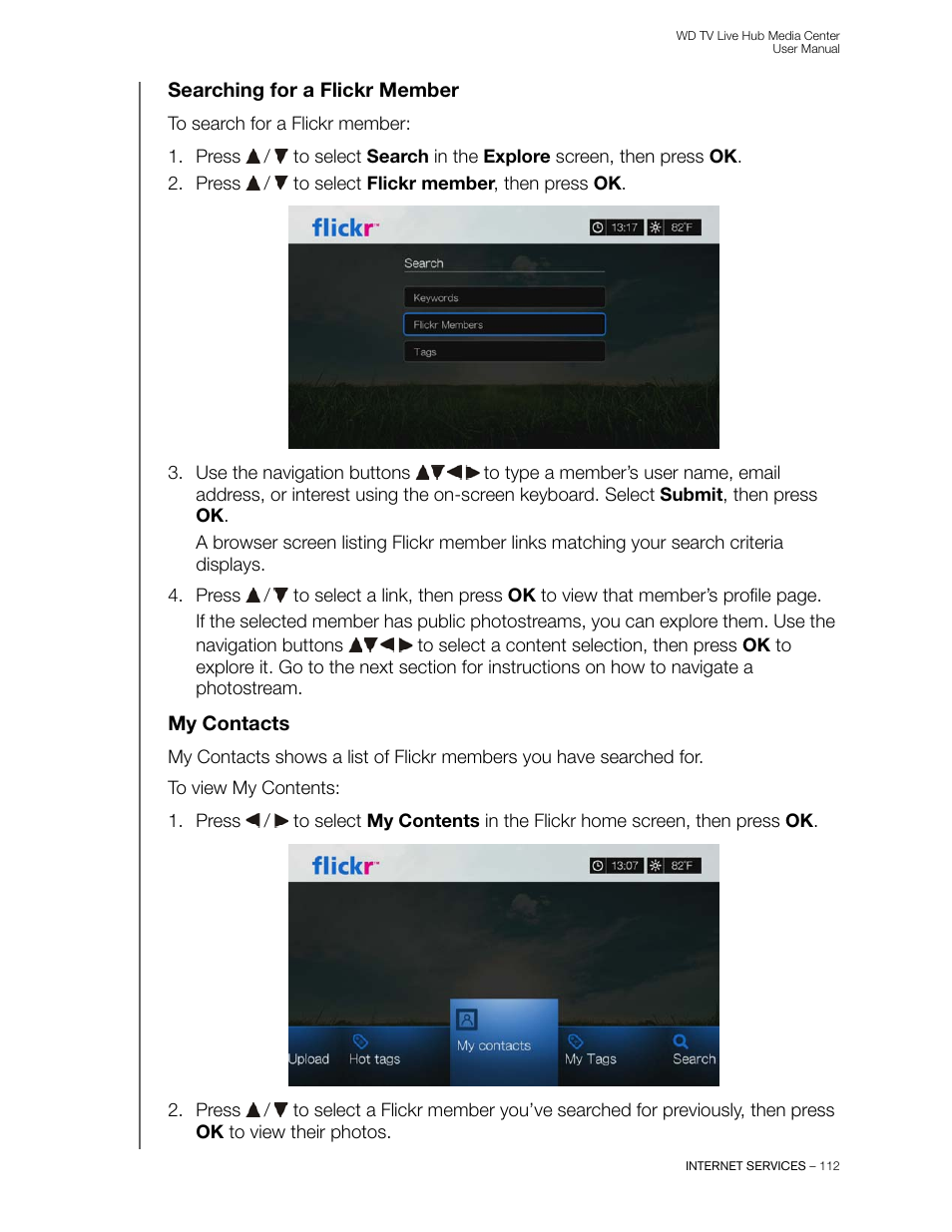 Searching for a flickr member, My contacts | Western Digital WD TV Live Hub Media Center User Manual User Manual | Page 117 / 241