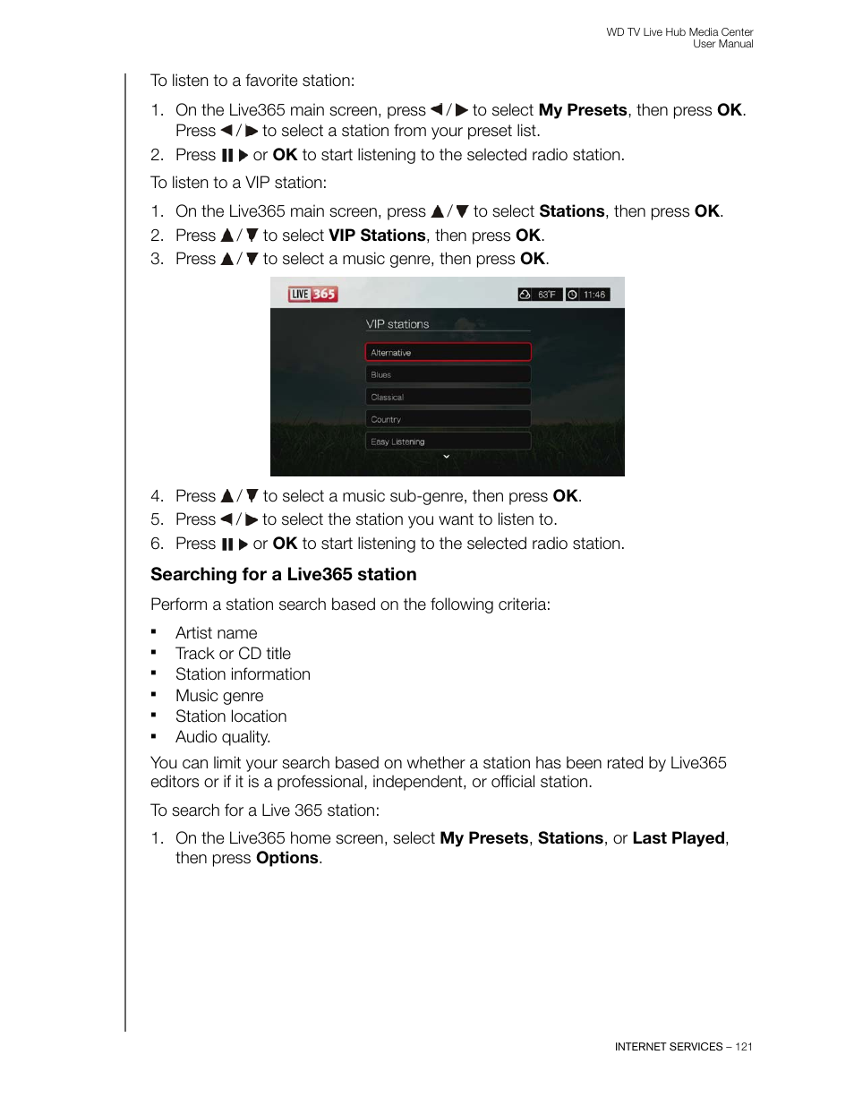 Searching for a live365 station | Western Digital WD TV Live Hub Media Center User Manual User Manual | Page 126 / 241
