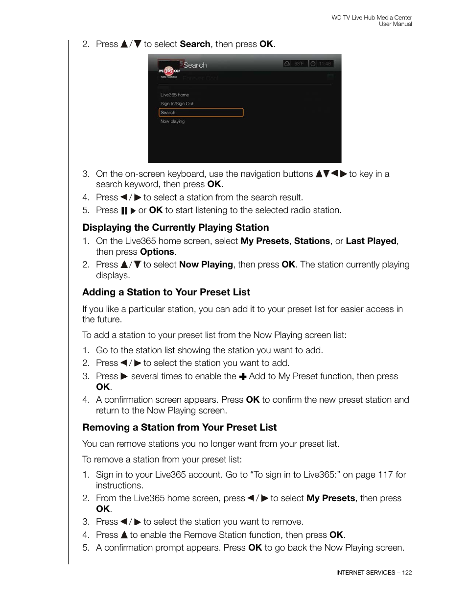 Displaying the currently playing station, Adding a station to your preset list, Removing a station from your preset list | Western Digital WD TV Live Hub Media Center User Manual User Manual | Page 127 / 241