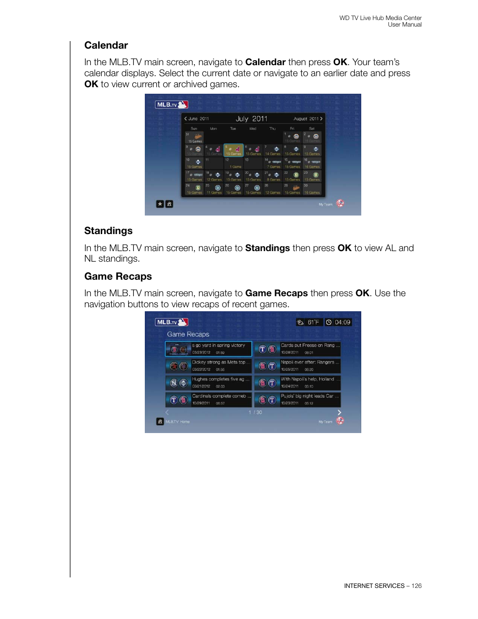 Calendar, Standings, Game recaps | Western Digital WD TV Live Hub Media Center User Manual User Manual | Page 131 / 241