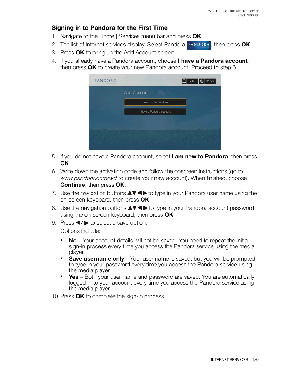 Signing in to pandora for the first time | Western Digital WD TV Live Hub Media Center User Manual User Manual | Page 135 / 241