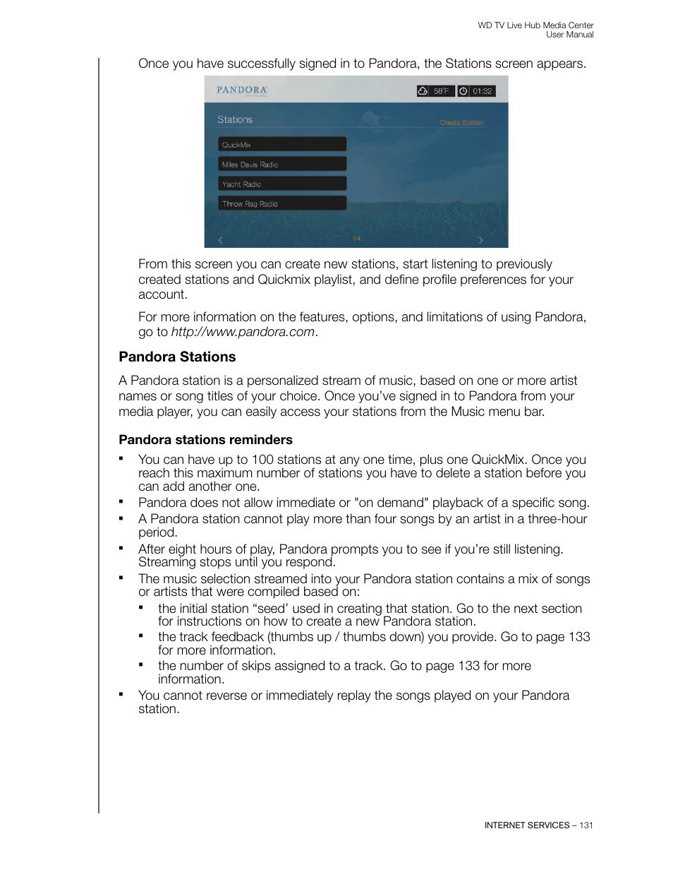Pandora stations, Pandora stations reminders | Western Digital WD TV Live Hub Media Center User Manual User Manual | Page 136 / 241