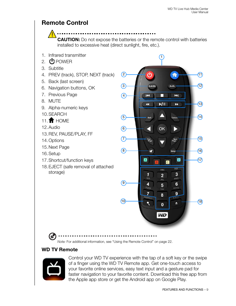 Remote control, Wd tv remote | Western Digital WD TV Live Hub Media Center User Manual User Manual | Page 14 / 241