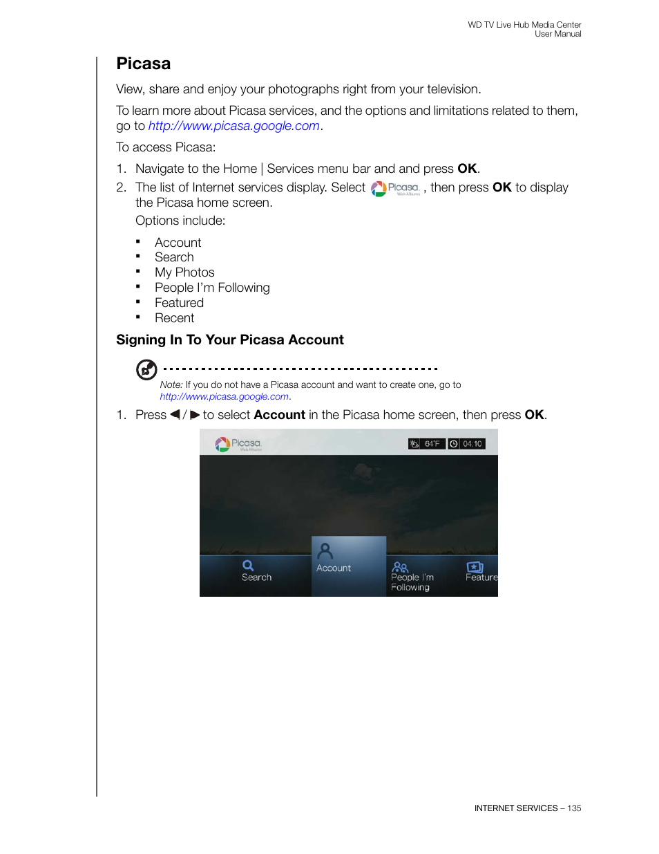 Picasa, Signing in to your picasa account | Western Digital WD TV Live Hub Media Center User Manual User Manual | Page 140 / 241