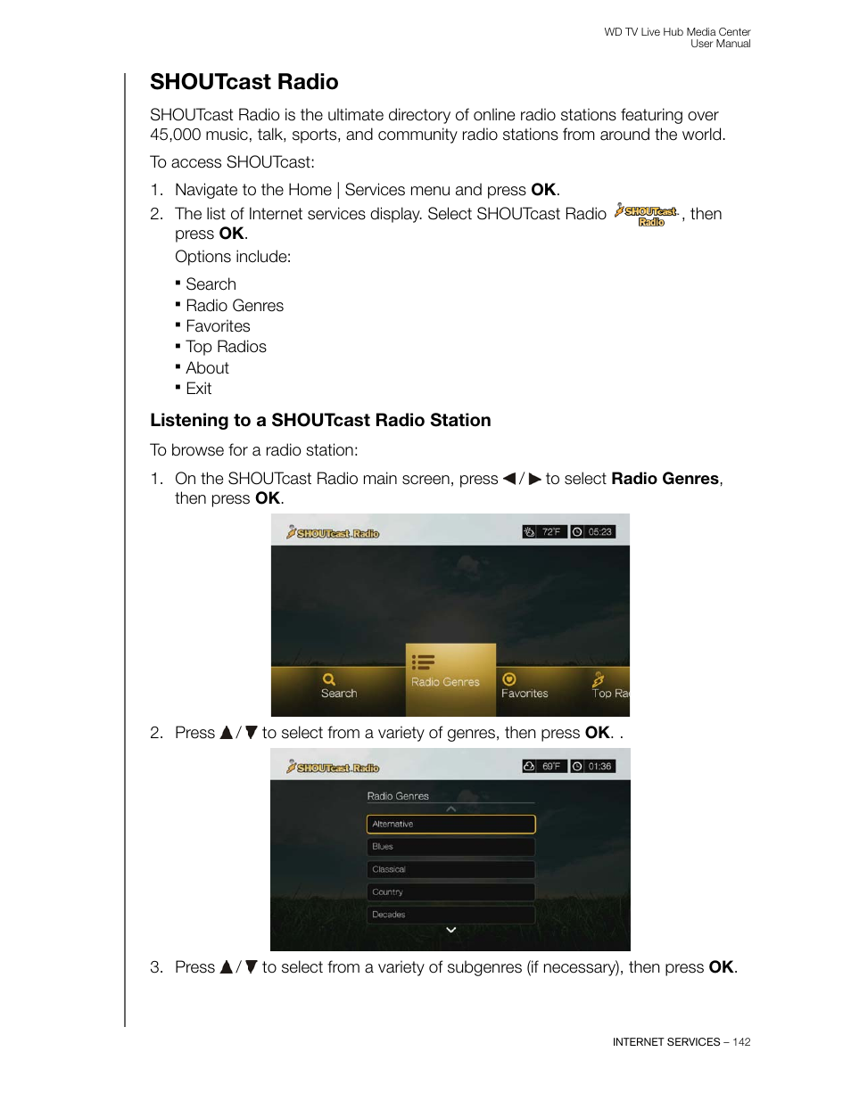 Shoutcast radio, Listening to a shoutcast radio station | Western Digital WD TV Live Hub Media Center User Manual User Manual | Page 147 / 241