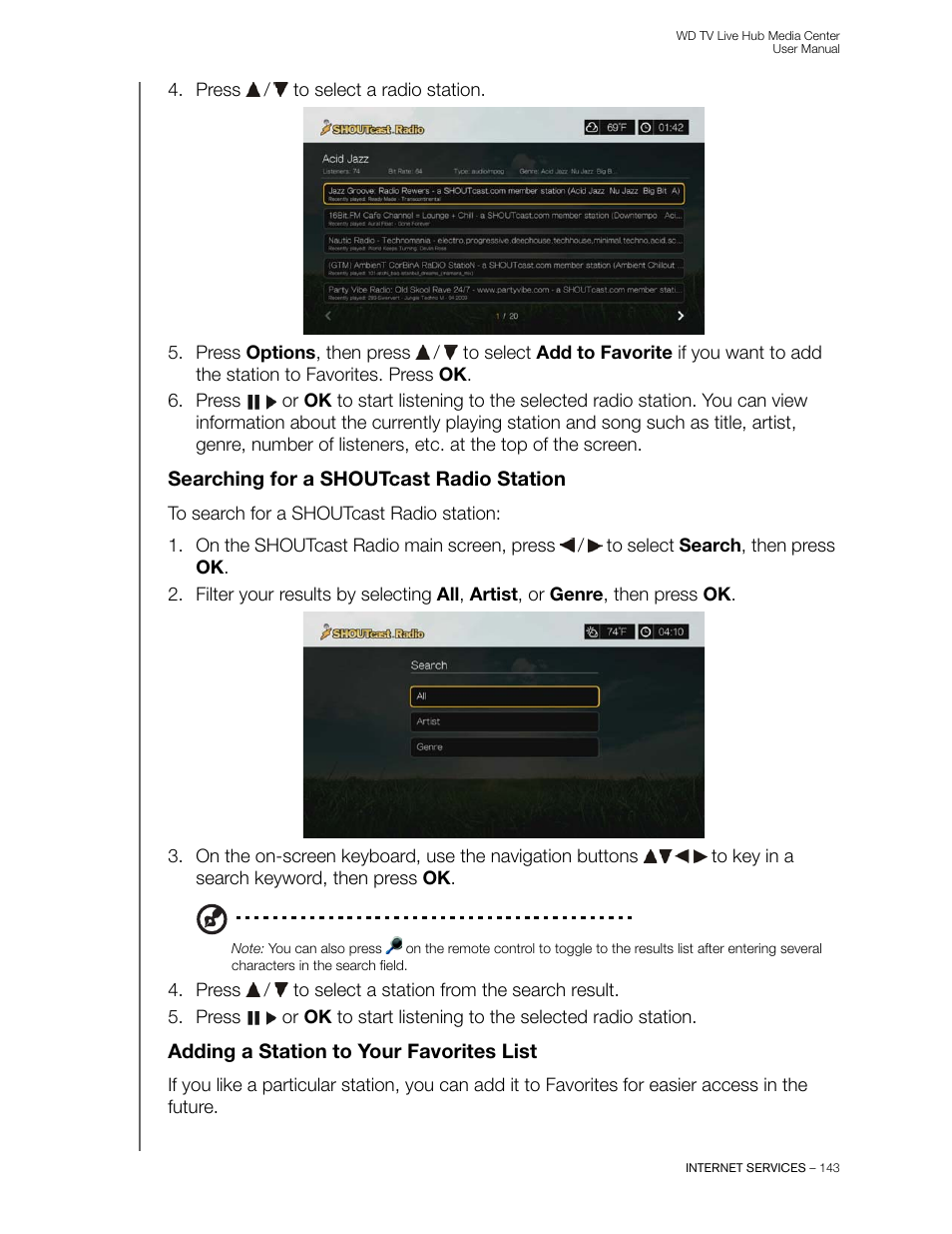 Searching for a shoutcast radio station, Adding a station to your favorites list | Western Digital WD TV Live Hub Media Center User Manual User Manual | Page 148 / 241