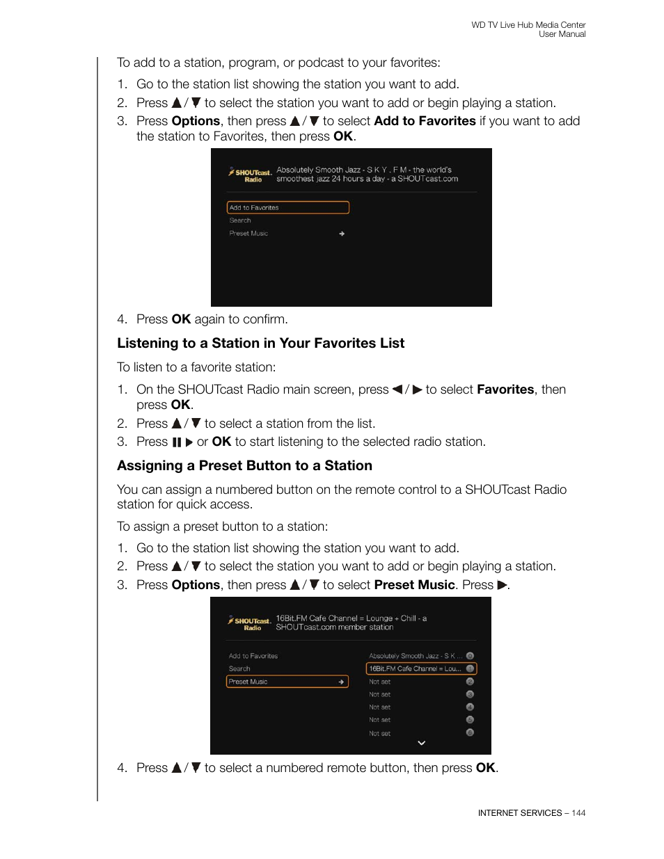 Listening to a station in your favorites list, Assigning a preset button to a station | Western Digital WD TV Live Hub Media Center User Manual User Manual | Page 149 / 241