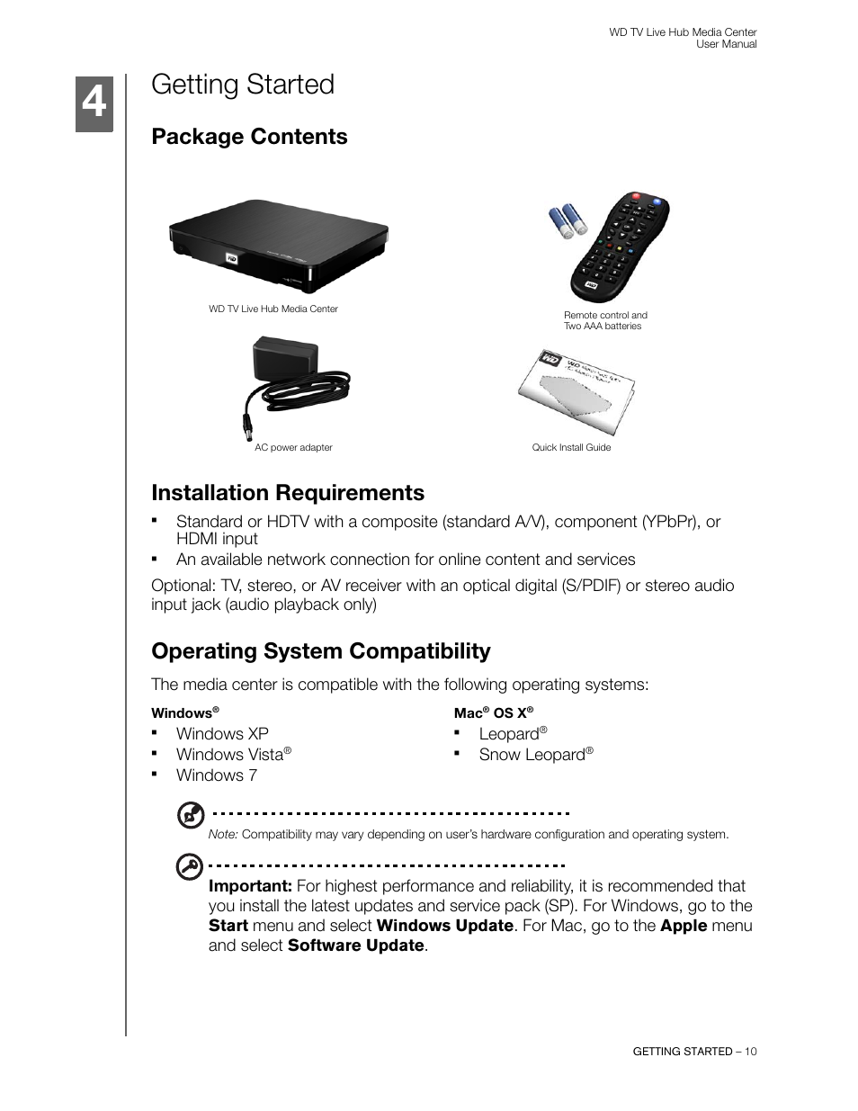 Getting started, Package contents, Installation requirements | Operating system compatibility, Package contents installation requirements | Western Digital WD TV Live Hub Media Center User Manual User Manual | Page 15 / 241