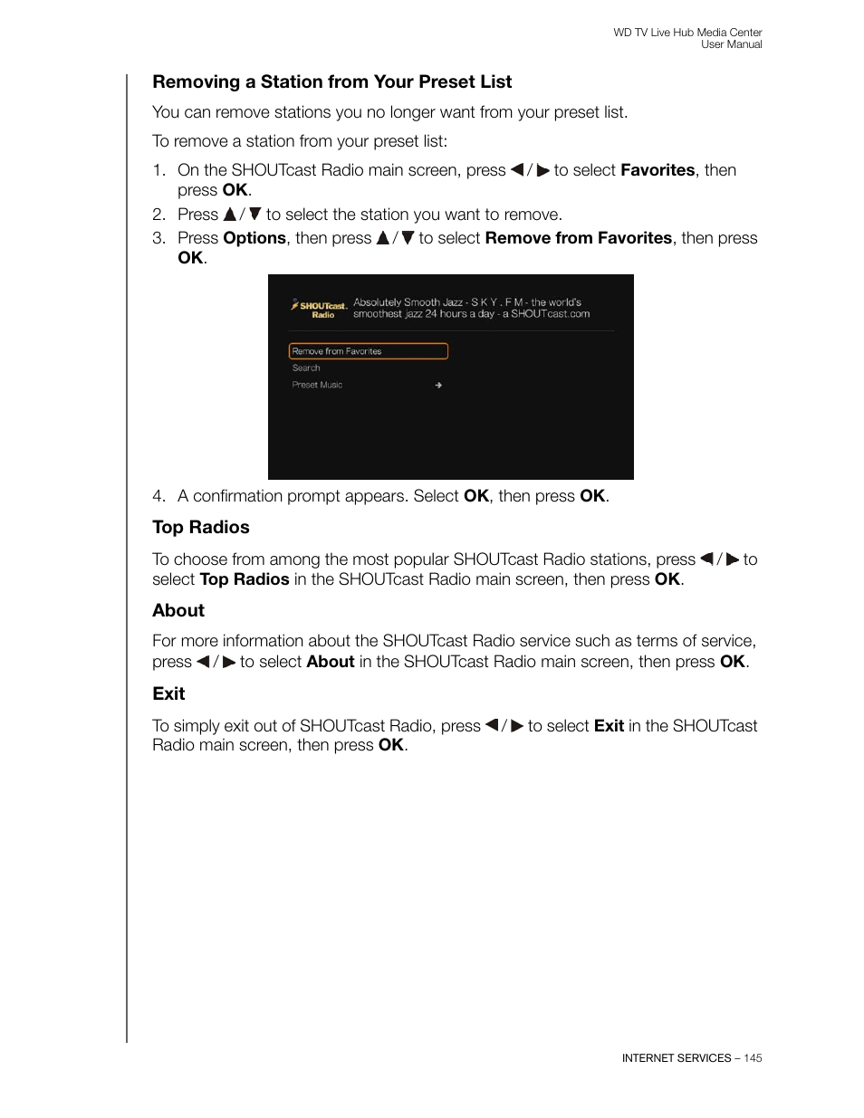 Removing a station from your preset list, Top radios, About | Exit | Western Digital WD TV Live Hub Media Center User Manual User Manual | Page 150 / 241