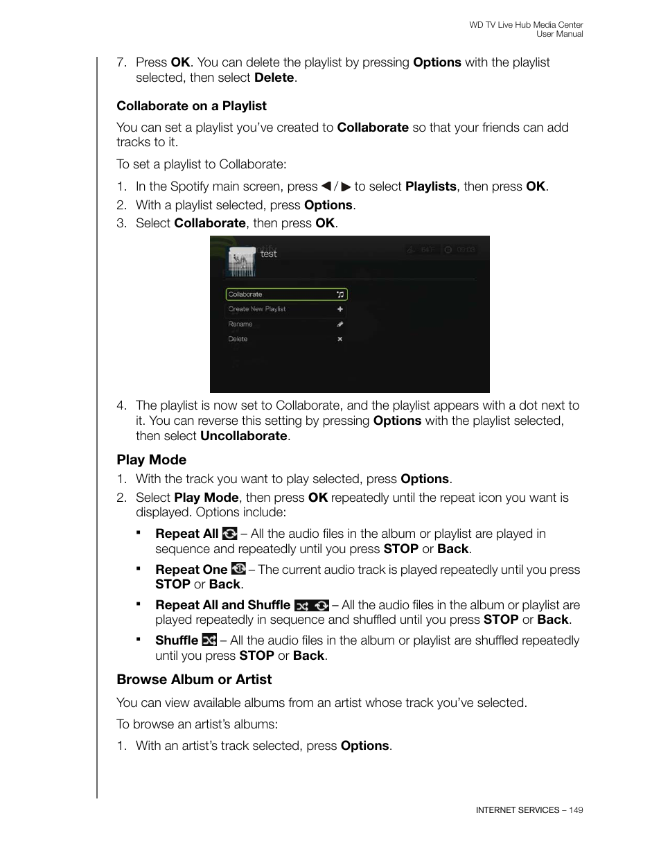 Collaborate on a playlist, Play mode, Browse album or artist | Western Digital WD TV Live Hub Media Center User Manual User Manual | Page 154 / 241