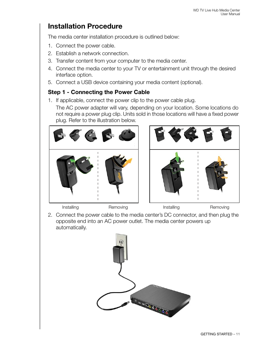 Installation procedure, Step 1 - connecting the power cable | Western Digital WD TV Live Hub Media Center User Manual User Manual | Page 16 / 241