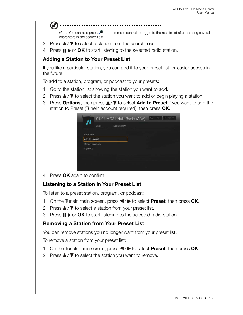 Adding a station to your preset list, Listening to a station in your preset list, Removing a station from your preset list | Western Digital WD TV Live Hub Media Center User Manual User Manual | Page 160 / 241