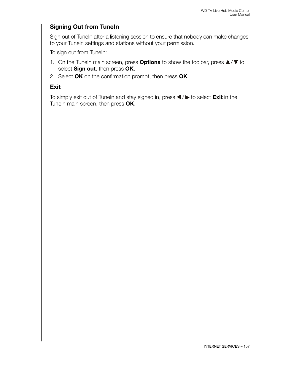 Signing out from tunein, Exit | Western Digital WD TV Live Hub Media Center User Manual User Manual | Page 162 / 241