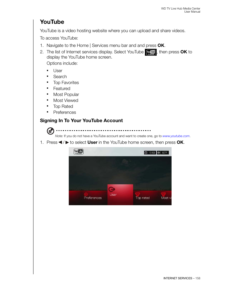 Youtube, Signing in to your youtube account | Western Digital WD TV Live Hub Media Center User Manual User Manual | Page 163 / 241