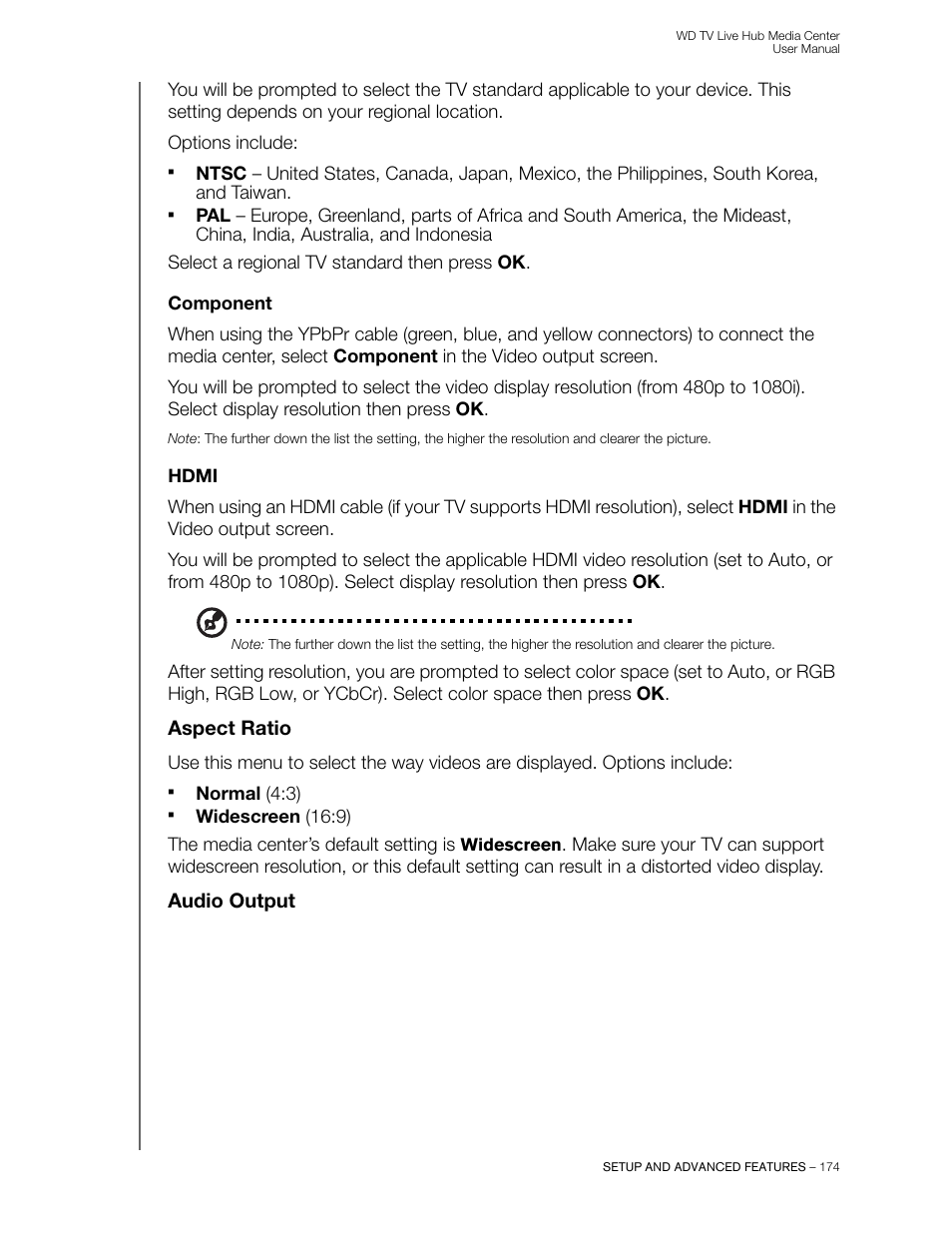 Component, Hdmi, Aspect ratio | Audio output, See “audio output | Western Digital WD TV Live Hub Media Center User Manual User Manual | Page 179 / 241