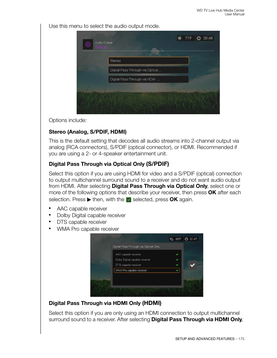 Stereo (analog, s/pdif, hdmi), Digital pass through via optical only (s/pdif), Digital pass through via hdmi only (hdmi) | S/pdif), Hdmi) | Western Digital WD TV Live Hub Media Center User Manual User Manual | Page 180 / 241