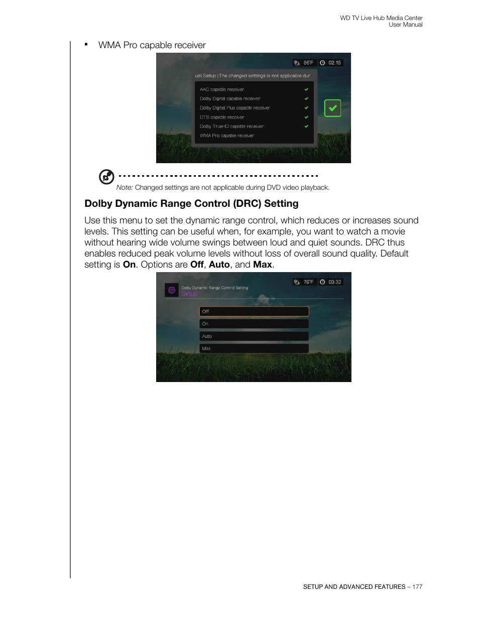 Dolby dynamic range control (drc) setting, Wma pro capable receiver | Western Digital WD TV Live Hub Media Center User Manual User Manual | Page 182 / 241