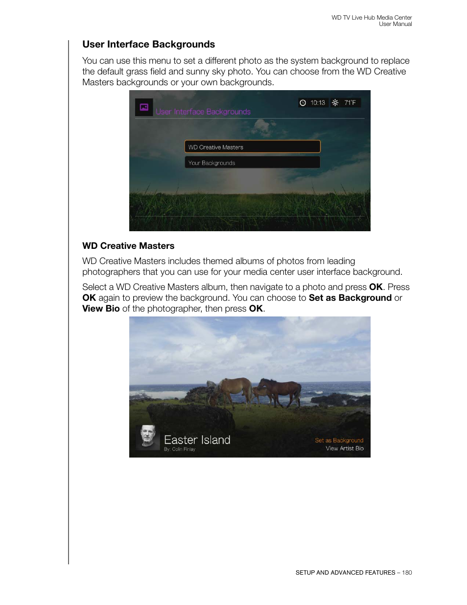 User interface backgrounds, Wd creative masters | Western Digital WD TV Live Hub Media Center User Manual User Manual | Page 185 / 241